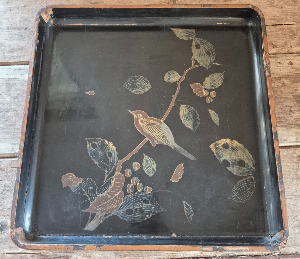 Vintage Lacquer Tray with Bird Motif
