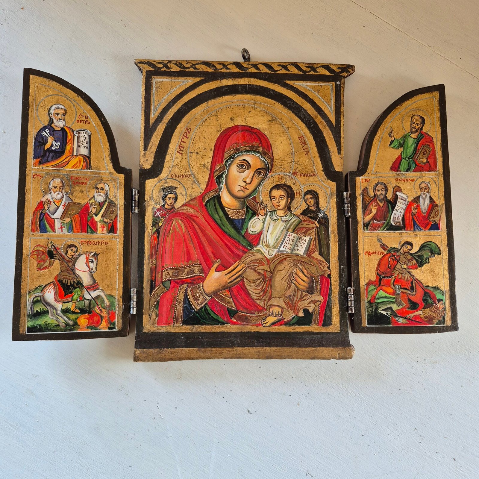 Hand Painted Triptych Icon with Saints