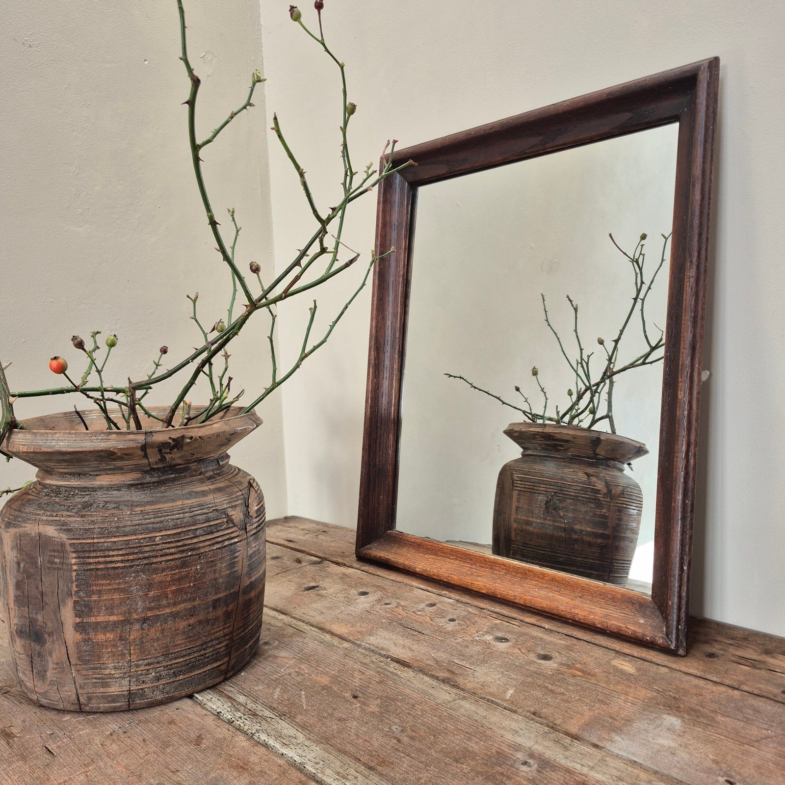 Antique Solid Oak Framed Wall Mirror - Image 3