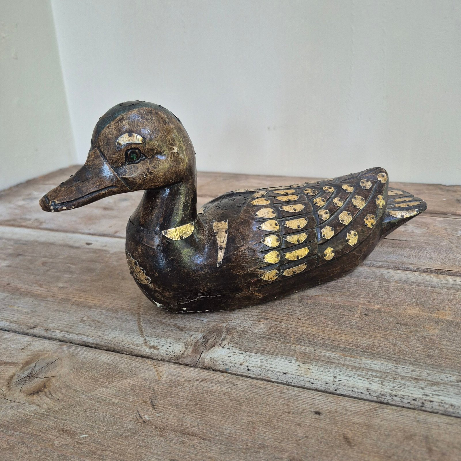 Vintage Hand-Carved Brass-Inlaid Duck - Image 3