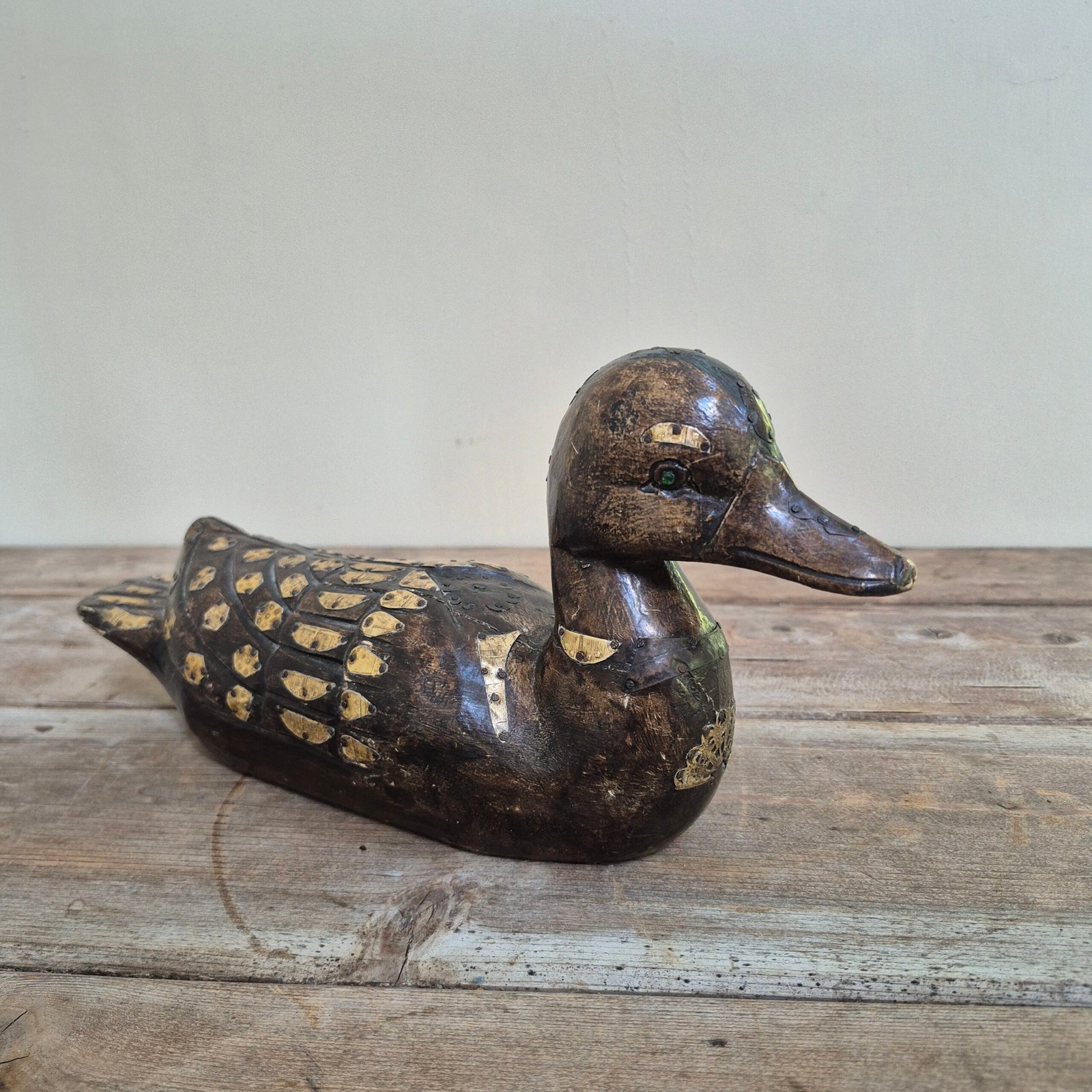 Vintage Hand-Carved Brass-Inlaid Duck - Image 6