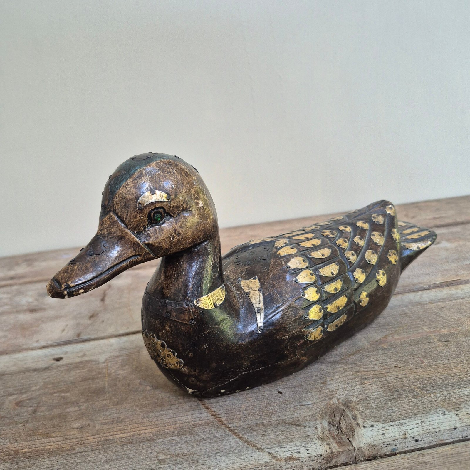 Vintage Hand-Carved Brass-Inlaid Duck - Image 5