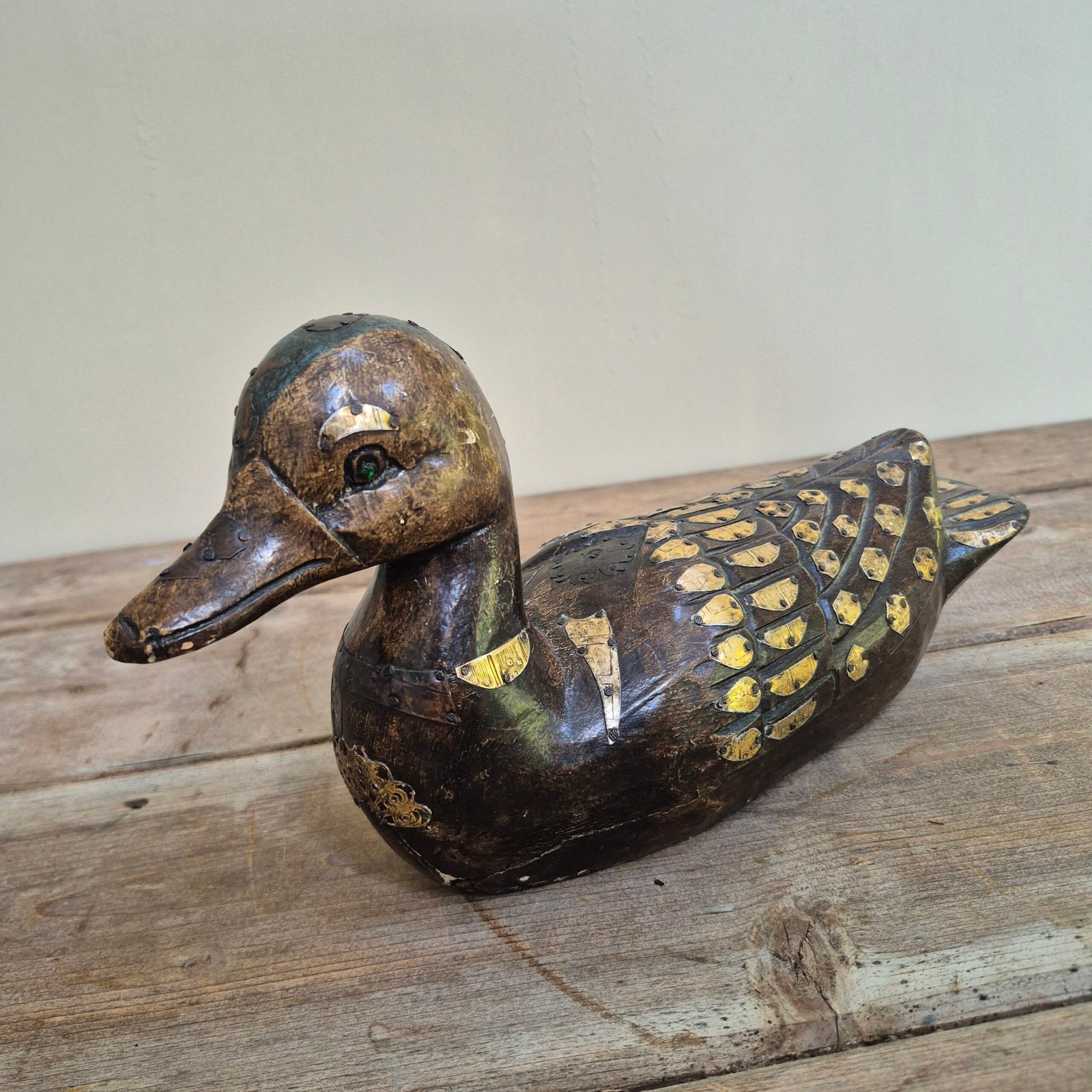 Vintage Hand-Carved Brass-Inlaid Duck